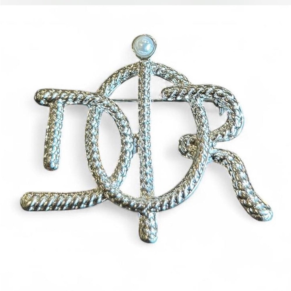 Fashion Jewelry 
Letter Logo Silver Tone  with Faux Pearl accent Brooch #brooch